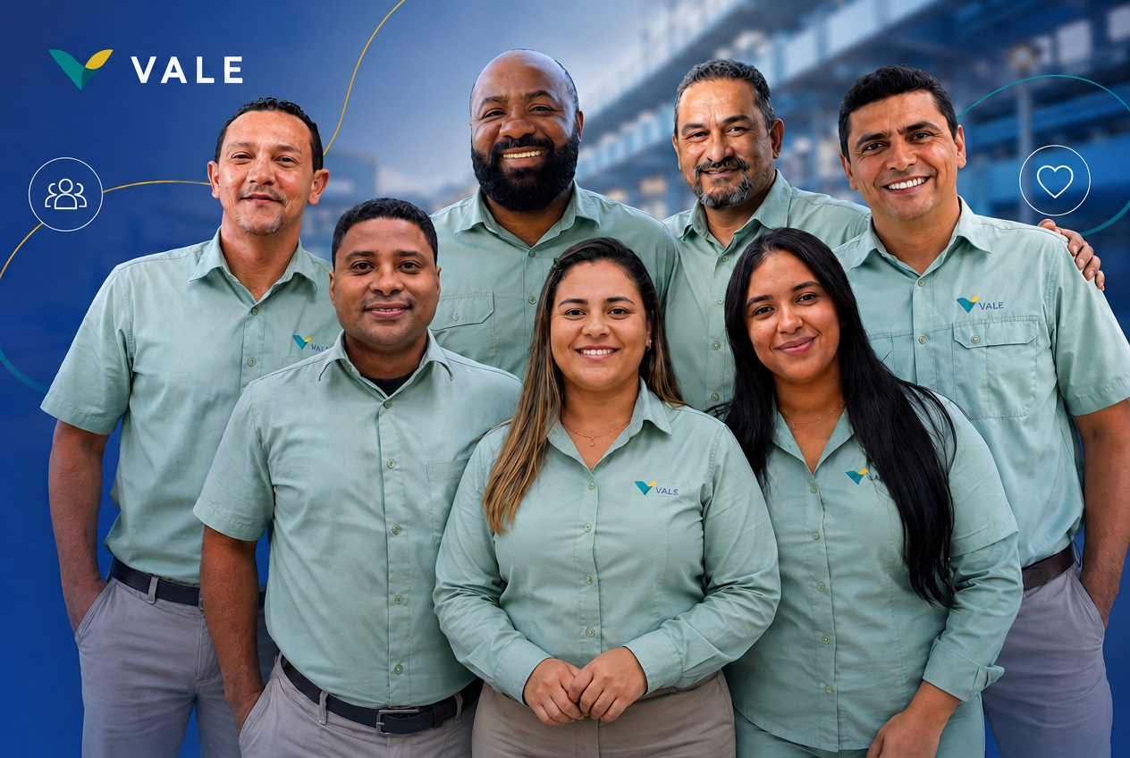 Empregados da Vale sorrindo juntos, de capacete e uniforme
